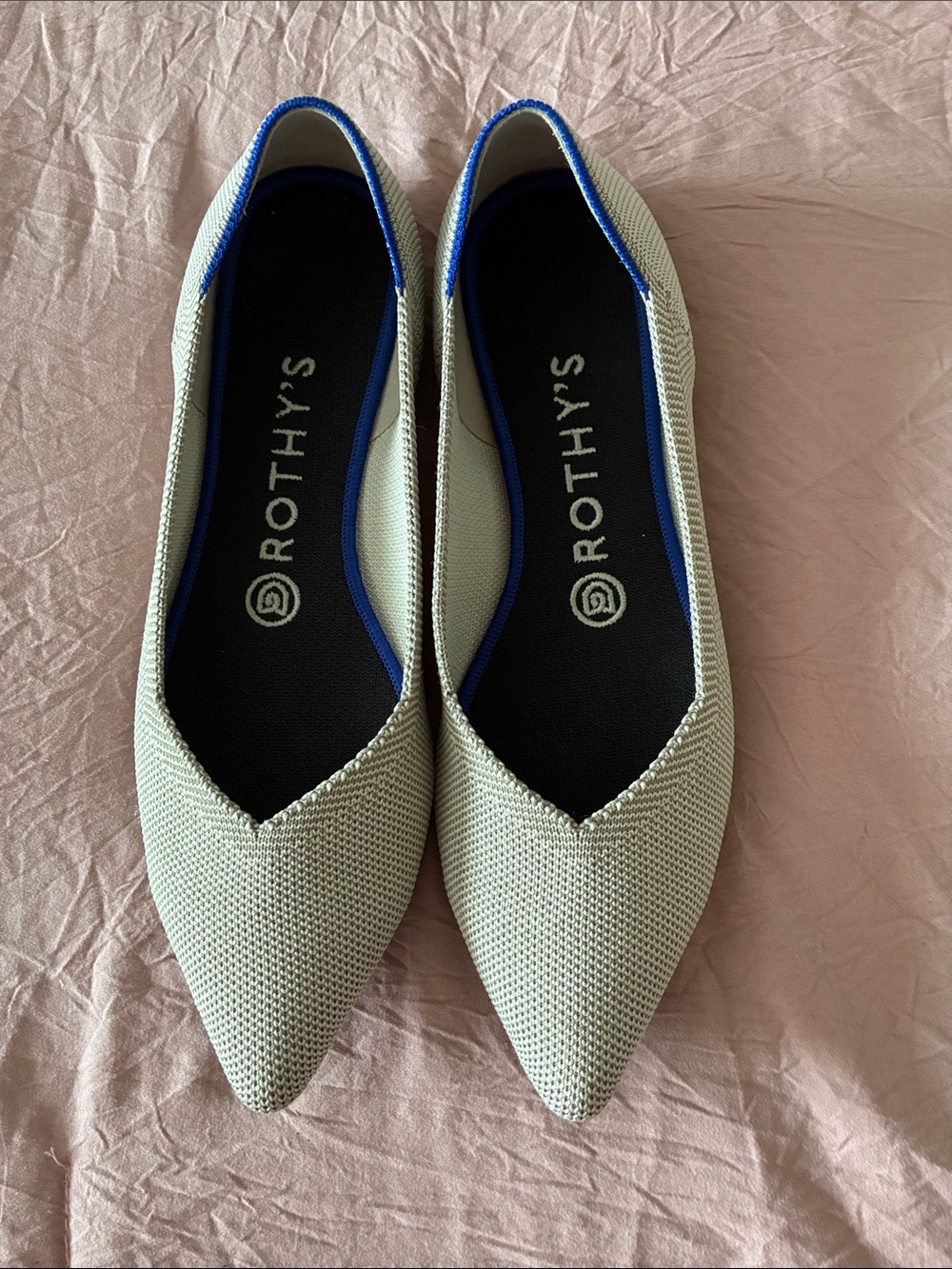 Rothy's Pointed Knit Flats in Light Gray with Blue Trim